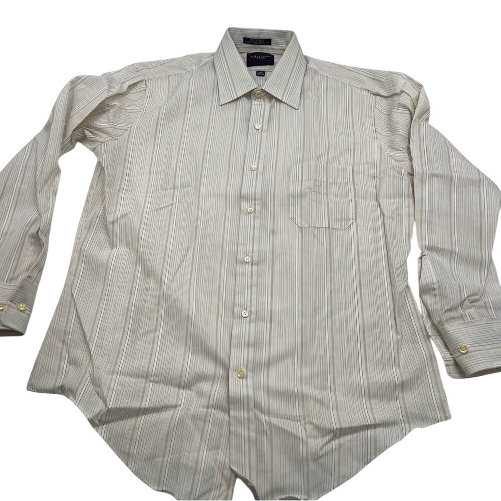Arrow Brigade Mens European Taper Fit Dress‎ Shirt Tan Beige Striped 16.5 32/33